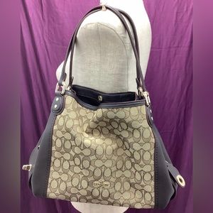 Coach Brown Edie Brown Signature Handbag Purse Bag Canvas & Leather Hobo Satchel